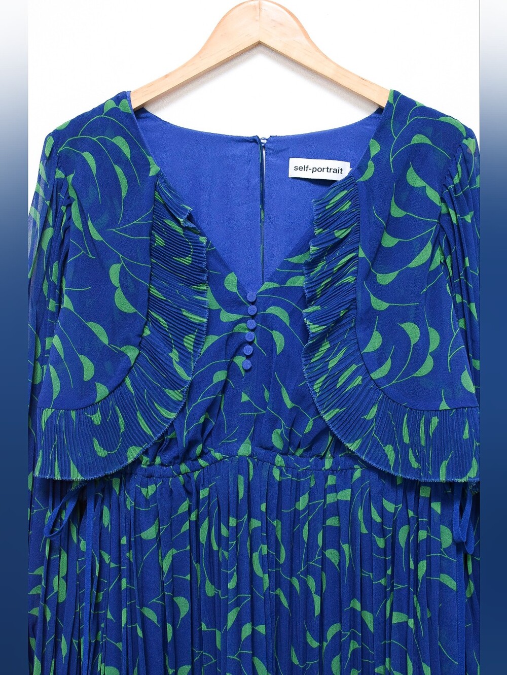 Self Portrait Crescent Chiffon Pleated Cape Dress Blue Green Mini Sz 4 Cocktail - Picture 6 of 15